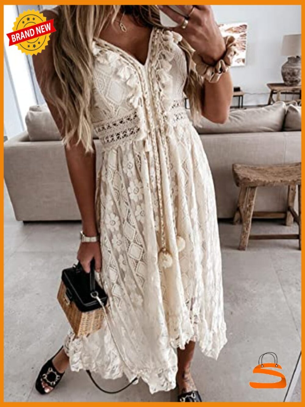 Maxi Summer Dress Lace V Neck Sleeveless Boho Crochet Tassel Beach Vacation - Picture 5 of 7